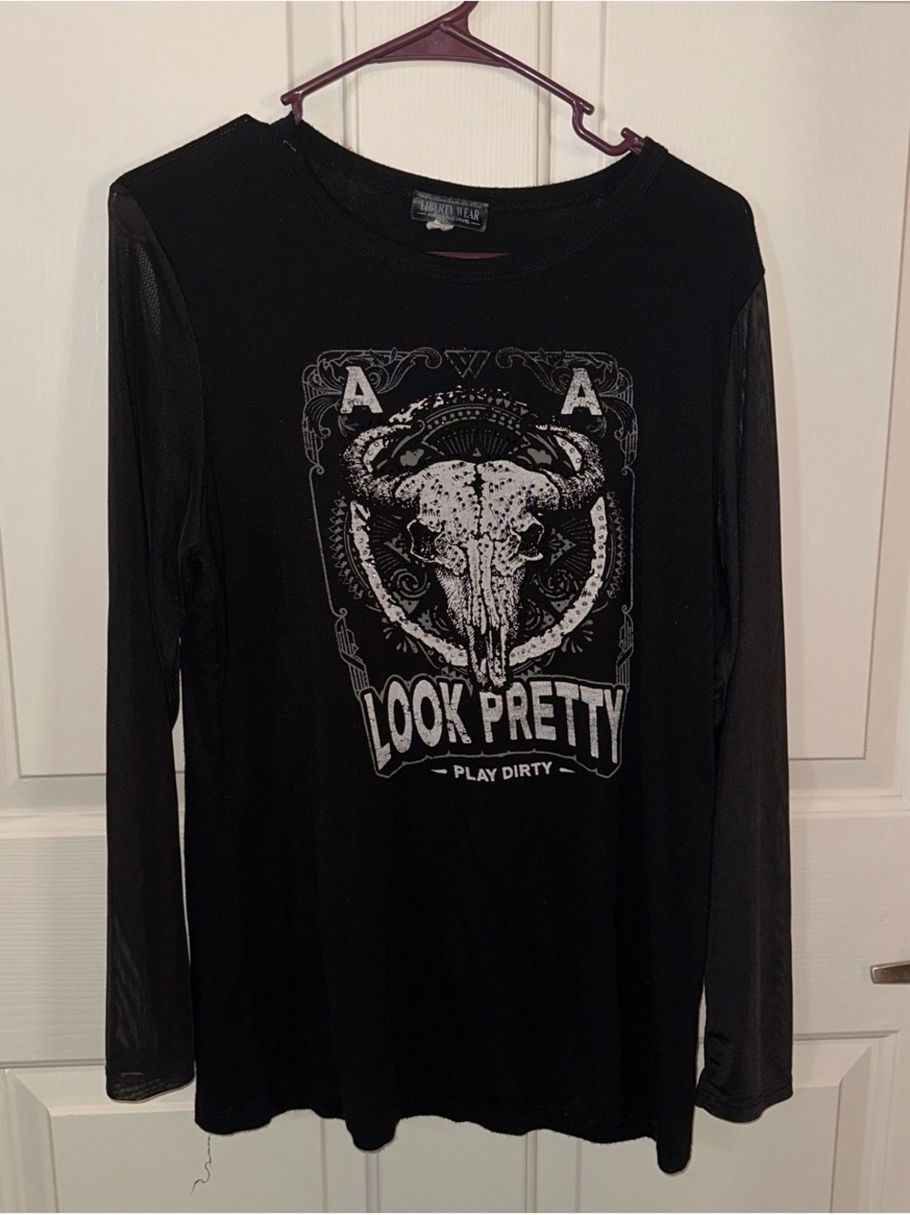 liberty Black Long Sleeve Graphic Tee with White Skull Print
